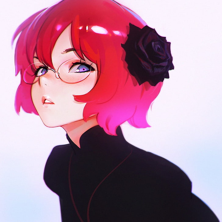 personagem de anime feminina ruiva usando óculos papel de parede digital, anime, anime meninas, cabelo curto, ruiva, olhos roxos, óculos, Ilya Kuvshinov, HD papel de parede