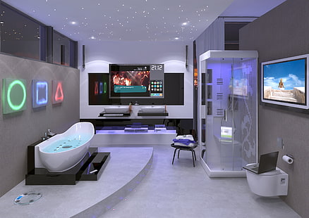 vitt badkar, interiör, TV, framtid, högtalare, bad, bärbar dator, badrum, design, teknik., konnaia, dusch, HD tapet HD wallpaper