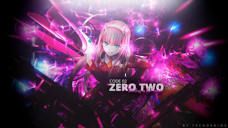Zero Two (Liebling im FranXX), Liebling im FRAN, Unterschriften, Anime-Mädchen, rosa Haare, Liebling im FranXX, Anime, Mecha-Mädchen, HD-Hintergrundbild