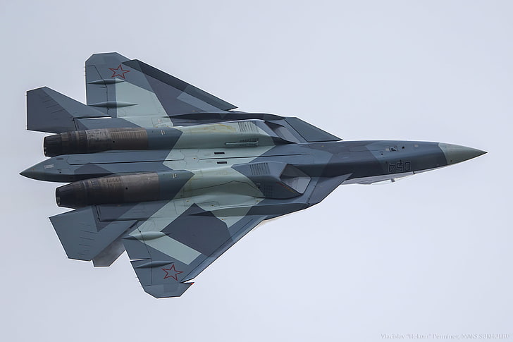 szaro-czarny myśliwiec, niebo, samolot, myśliwiec, wielozadaniowy, piąta generacja, naddźwiękowy, Vladislav Perminov, PAK FA T-50, Tapety HD
