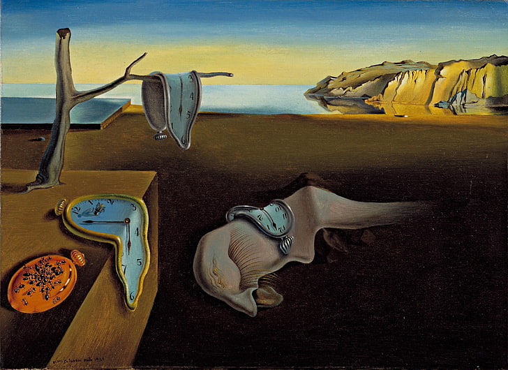 zegar analogowy na brzegu morza malarstwo, malarstwo, Salvador Dalí, surrealistyczne, sztuka klasyczna, topienie, zegary, krajobraz, Tapety HD