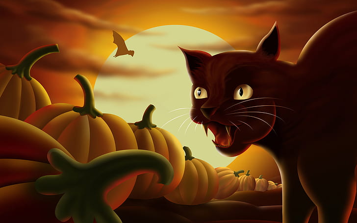 Holidays, Halloween, Lantern, Pumpkin, Bat, Cat, Legend, cat illustration, holidays, halloween, lantern, pumpkin, bat, cat, legend, HD wallpaper