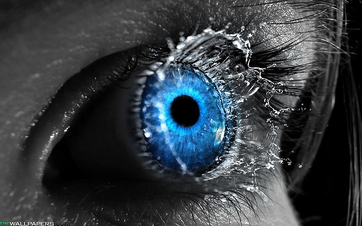 сини очи, синьо, селективно оцветяване, жени, дигитално изкуство, вода, течност, близък план, очи, HD тапет