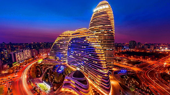 Beijing, Kina, natt, stadsljus, stadsliv, nattetid, nattliv, stad, HD tapet HD wallpaper