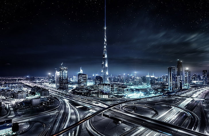 gratte-ciel illustration, paysage, paysage urbain, gratte-ciel, architecture, urbain, Dubaï, nuit étoilée, lumières, brume, autoroute, bâtiment, Émirats arabes unis, Fond d'écran HD