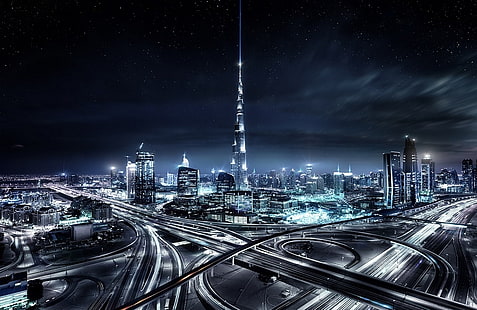 иллюстрация высотного здания, пейзаж, городской пейзаж, небоскреб, архитектура, городской, Дубай, звездная ночь, огни, туман, шоссе, здание, Объединенные Арабские Эмираты, HD обои HD wallpaper