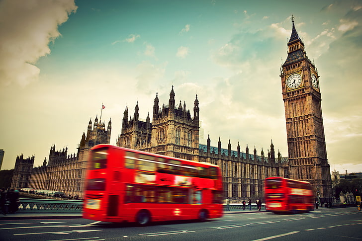 Westminster Palace, England, London, Big Ben, Westminster Abbey, red bus, HD wallpaper