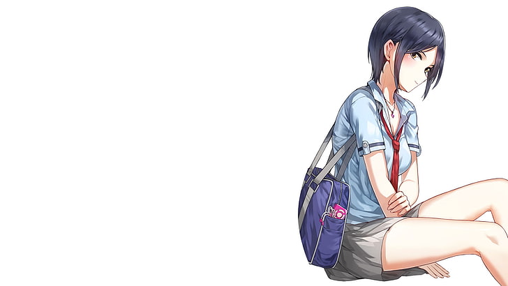 Anime, The iDOLM @ STER Cinderella Girls, Bolso, cabello azul, niña, Kanade Hayami, uniforme escolar, cabello corto, falda, sonrisa, ojos amarillos, Fondo de pantalla HD