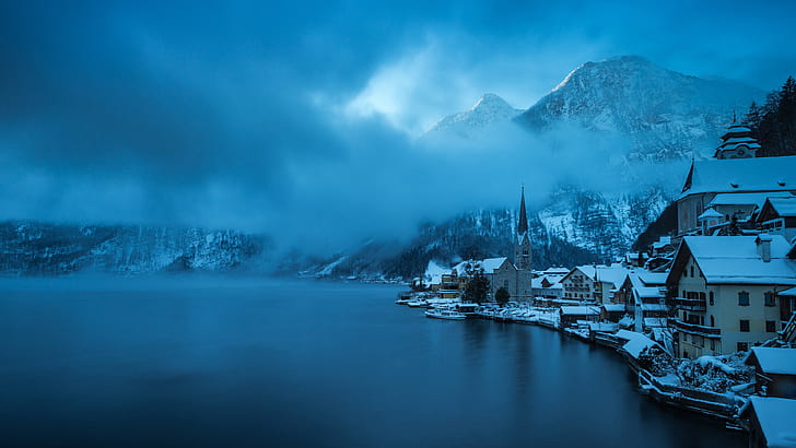 winter, forest, the sky, clouds, snow, trees, mountains, blue, the city, fog, lake, shore, color, home, Austria, couples, houses, pond, blue tones, Hallstatt, HD wallpaper