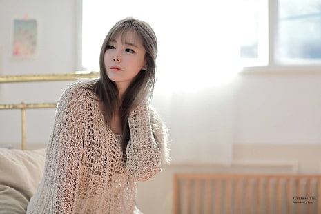 long hair, model, looking into the distance, hands in hair, Asian, loose clothing, Han Ga Eun, HD wallpaper HD wallpaper