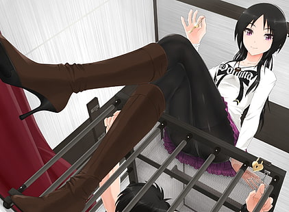 anime, gadis anime, rambut hitam, sepatu bot, rambut panjang, mata ungu, rok, kandang, Wallpaper HD HD wallpaper