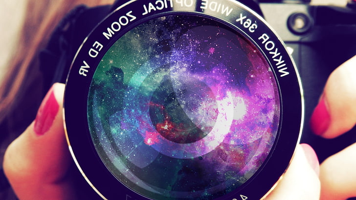 lente da câmera Nikon Nikkor preta, galáxia, espaço, estrelas, fotografia, câmera, HD papel de parede