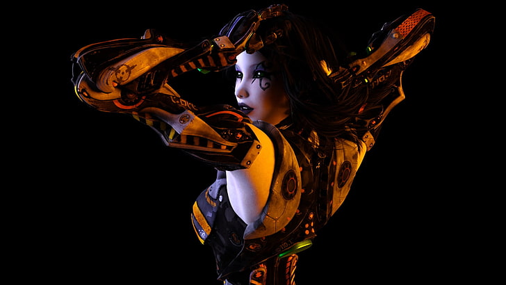 czarnowłosa postać ubrana w żółtą zbroję biegów, robot, kobiety, cyborg, render, CGI, Tapety HD