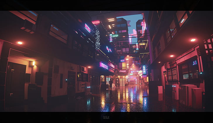 Sergey Munin, pixel art, néons, art numérique, voxels, lumières de la ville, Fond d'écran HD