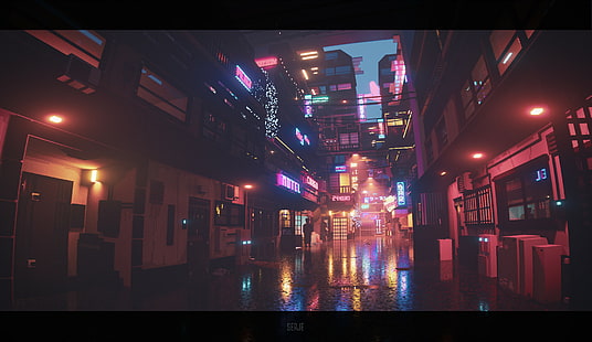 Sergey Munin, pixel art, luzes de neon, arte digital, voxels, luzes da cidade, HD papel de parede HD wallpaper