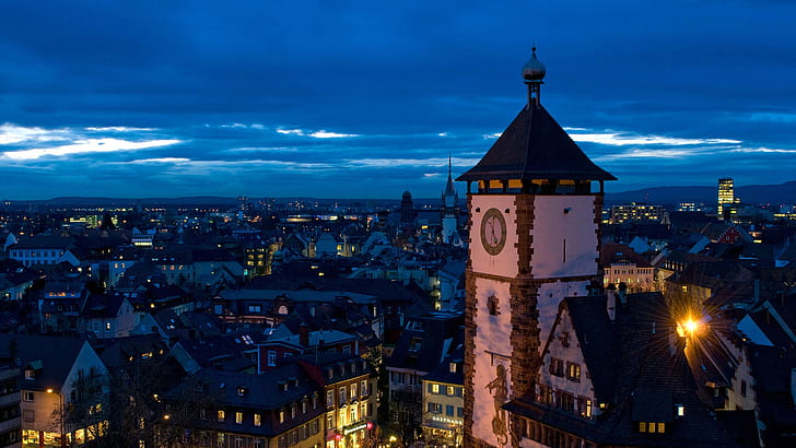 ночь, огни, башня, Германия, панорама, Баден-Вюртемберг, Фрайбург, HD обои