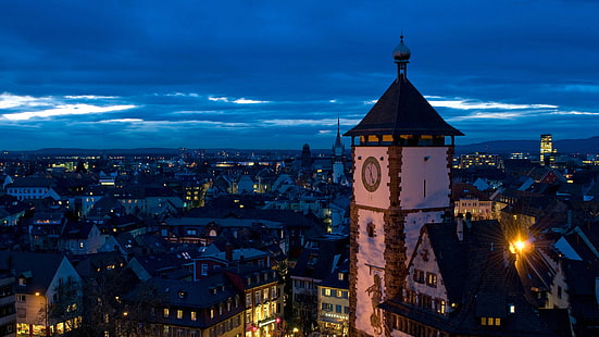 الليل، الأضواء، برج، ألمانيا، بانوراما، Baden-Württemberg، Freiburg، خلفية HD HD wallpaper