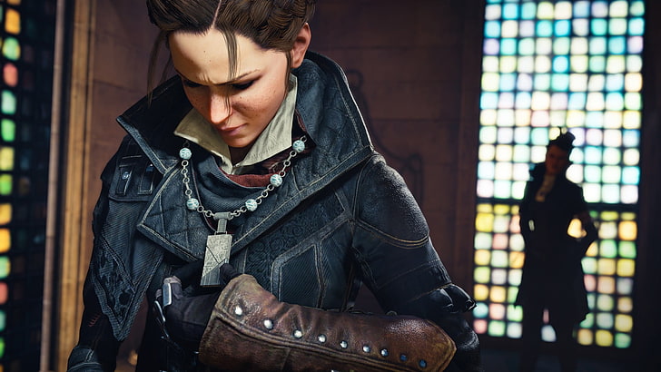 female wearing blue denim jacket character graphic wallpaper, Assassin's Creed Syndicate, Assassin's Creed, Ubisoft, Evie Frye, HD wallpaper