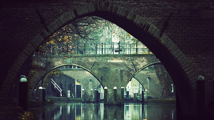 concrete bridge, river, bicycle, shadow, bridge, photography, trees, Amsterdam, HD wallpaper