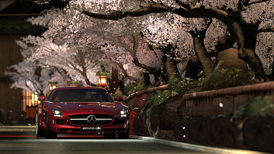 赤いメルセデスベンツ車、グランツーリスモ5、ビデオゲーム、メルセデスベンツSLS AMG、 HDデスクトップの壁紙 HD wallpaper