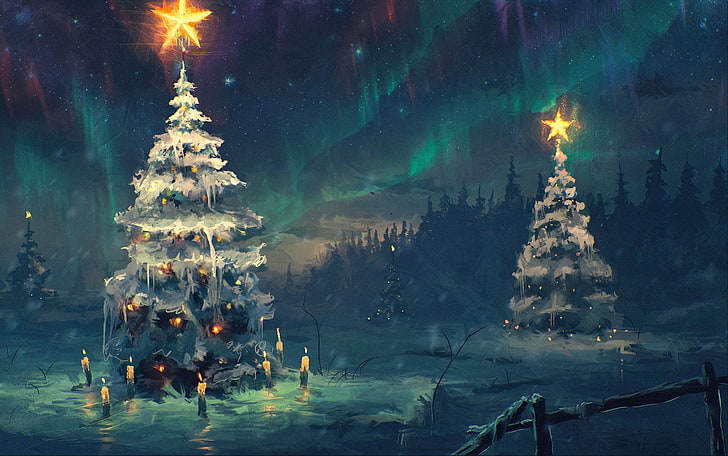 ледяные ёлки, зима, небо, звёзды, снег, ночь, звёзды, ёлка, новый год, северное сияние, свечи, 2015, HD обои