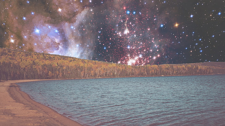 водное пространство, озеро, пейзаж, пространство, созвездия, HD обои
