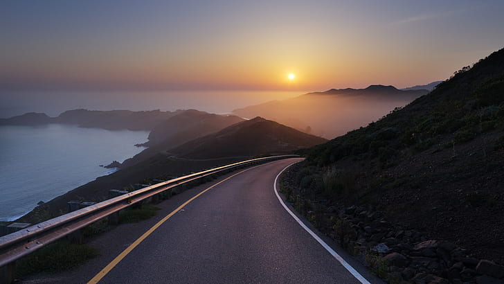 sunset, road, nature, hd, hill, HD wallpaper