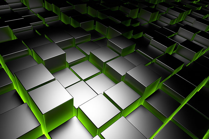 серые и зеленые кубики графика, куба, металл, квадрат, кубики, хром, кирпич, HD обои