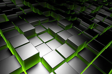 серые и зеленые кубики графика, куба, металл, квадрат, кубики, хром, кирпич, HD обои HD wallpaper