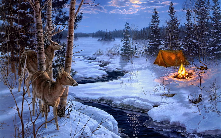 Darrell Bush Moon Shadows Painting Winter Snow Animals Deer Pictures For Desktop, landscapes, animals, bush, darrell, deer, desktop, moon, painting, pictures, shadows, snow, winter, HD wallpaper