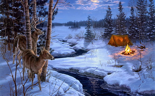 Darrell Bush Moon Shadows Painting Winter Snow Animals Deer Pictures For Desktop, paisagens, animais, arbusto, darrell, veado, desktop, lua, pintura, fotos, sombras, neve, inverno, HD papel de parede HD wallpaper