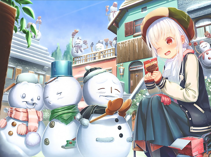 снеговик, аниме девушка, угощение, белые волосы, аниме, HD обои