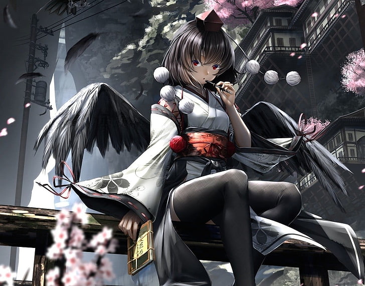 женски тъмен ангел аниме герой дигитален тапет, изрязан, Shameimaru Aya, Touhou, крила, бедра, HD тапет