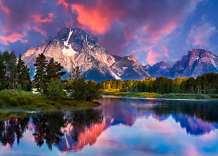 krajobraz, rzeka, odbicie, Wyoming, woda, góry, natura, trawa, zaśnieżony szczyt, chmury, las, niebo, Park Narodowy Grand Teton, Tapety HD HD wallpaper