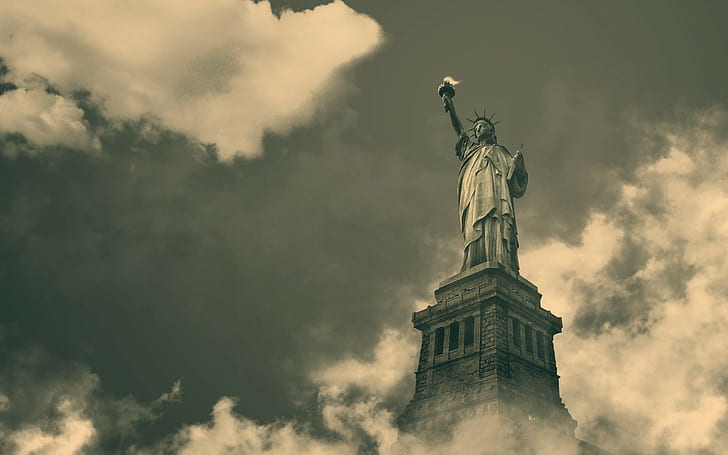 Patung Liberty, sepia, monokrom, patung, monumen, Wallpaper HD