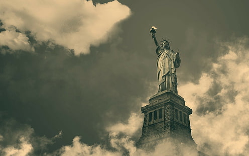 Patung Liberty, sepia, monokrom, patung, monumen, Wallpaper HD HD wallpaper