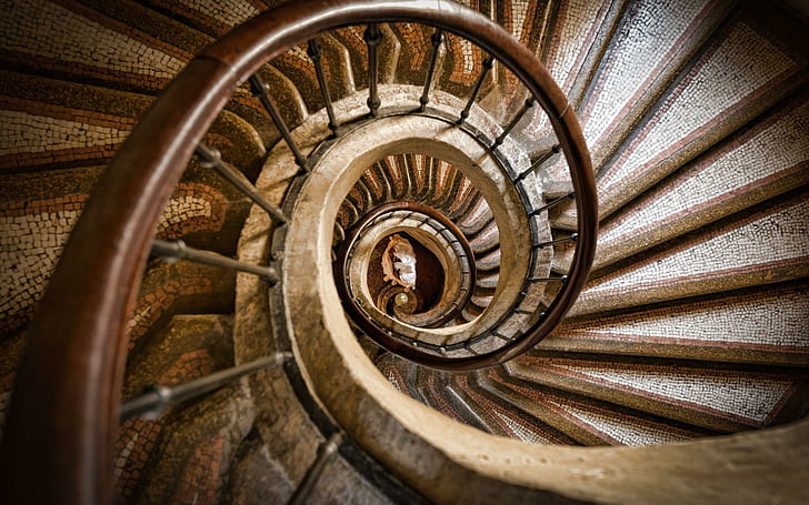Spiraling stairs, brown spiral staircase, photography, 1920x1200, spiral, staircase, mosaic, HD wallpaper