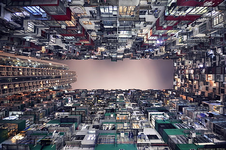 höghus, arkitektur, stadsbild, byggnad, Hong Kong, skyskrapa, balkong, fönster, ljus, lång exponering, maskens syn, HD tapet HD wallpaper