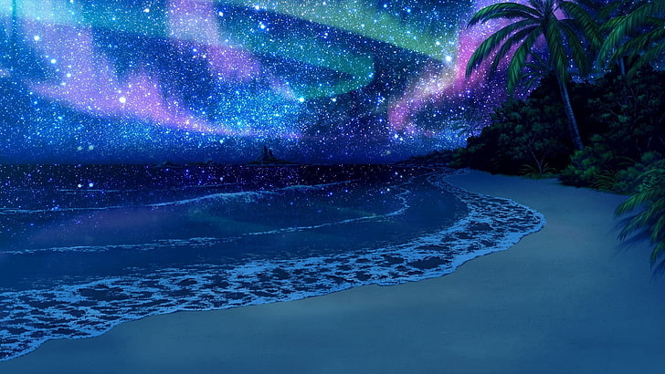кокосово дърво, море, звезди, плаж, аниме, небе, нощ, палми, HD тапет