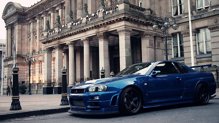 Nissan Skyline, Nissan, car, vehicle, blue cars, front angle view, HD wallpaper