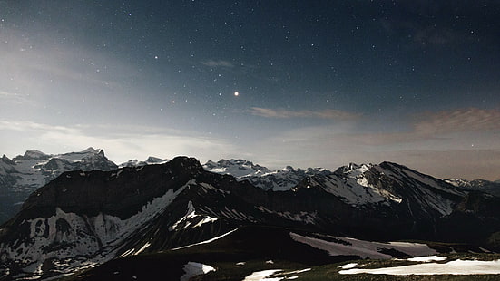 черно-белые горы пейзаж фото, горы, 4k, 5k обои, снег, звезды, HD обои HD wallpaper