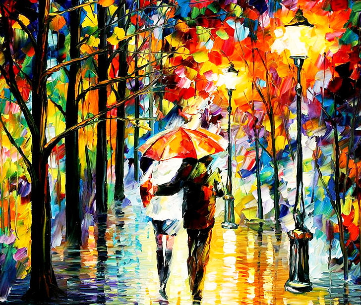 два человека держат зонт живопись, осень, огни, парк, дождь, картина, зонт, пара, фонарь, влюбленные, аллея, леонид афремов, жанр, HD обои