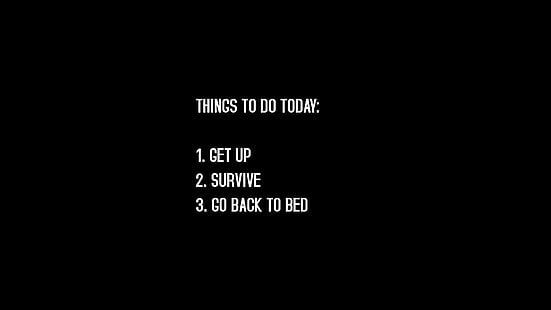 things to do today: 1. get up 2. survive 3. go back to bed text, digital art, task, humor, text, HD wallpaper HD wallpaper