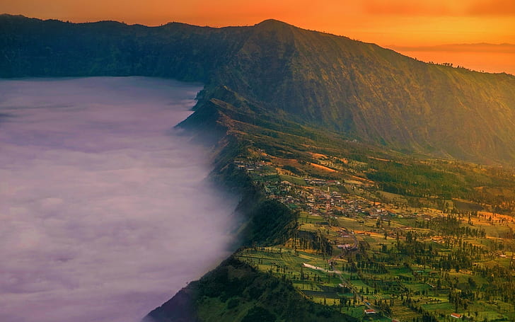 paisagem natureza vila montagem bromo java indonésia cratera névoa campo montanha pôr do sol, HD papel de parede