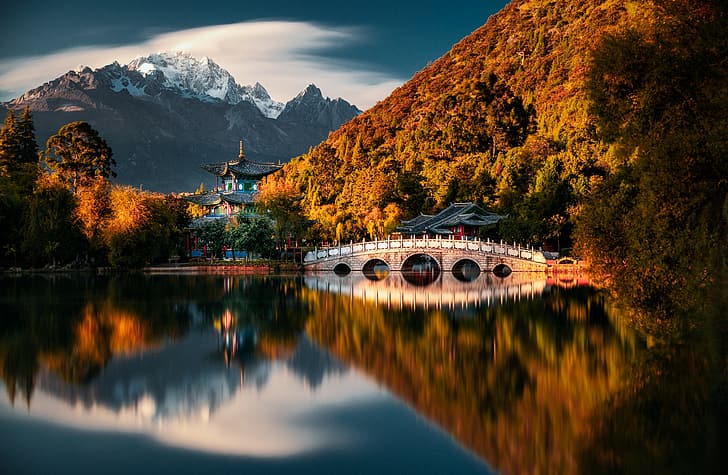 mountains, lake, China, pagoda, HD wallpaper