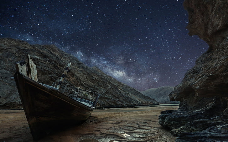 Ilustración de barco de vela marrón, naturaleza, paisaje, noche estrellada, barco, Vía Láctea, charco, arena, roca, larga exposición, Fondo de pantalla HD