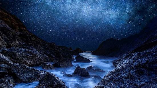 звёзды, звёздные, ночное небо, скалы, небо, природа, HD обои HD wallpaper