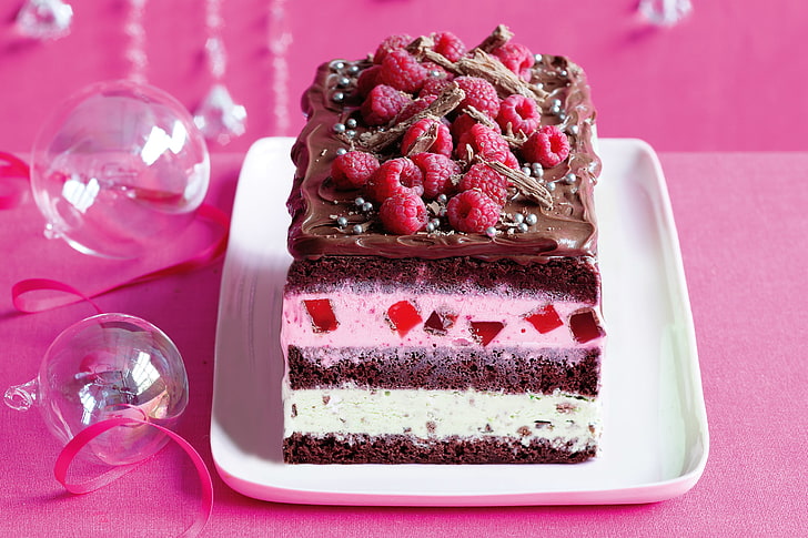 baked cake, dessert, pastry, raspberry, chocolate, HD wallpaper