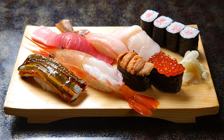 assorted sushi, board, rolls, sushi, rice, fish, salmon roe, shrimp, seafood, HD wallpaper