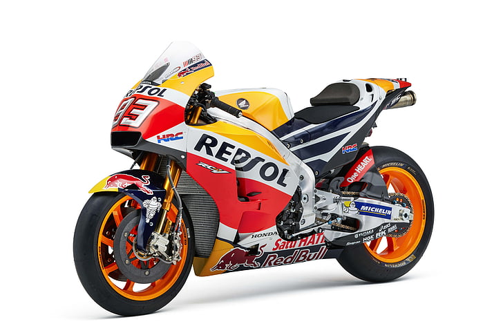 żółty, czerwony i czerwony rower sportowy Repsol, Honda RC213V, rower MotoGP, Repsol Honda Team, rower wyścigowy, 4K, 8K, Tapety HD